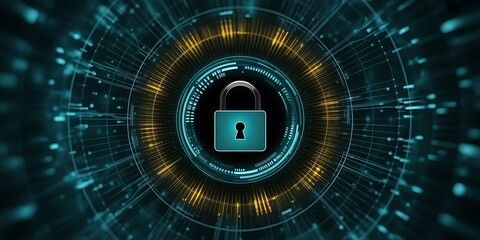 3D Rendering of pad lock logo on glow futuristic hud interface background. Concept of business security. Corporate, large scale organization control to protect customer data..