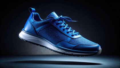 Blue mesh running shoe with white midsole, floating against a dark background
