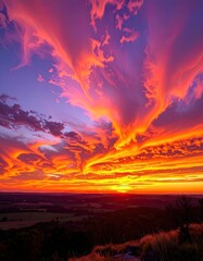 Vibrant orange and purple clouds ignite the sky over a darkened landscape at dusk