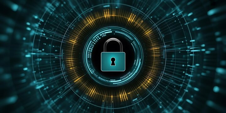 3D Rendering of pad lock logo on glow futuristic hud interface background. Concept of business security. Corporate, large scale organization control to protect customer data..