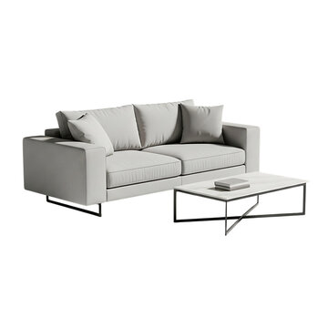 Light grey sofa with three cushions and a modern coffee table with a book on a black background