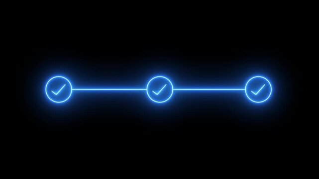 neon 3 step infographic process with check mark icon. infographic step by step process icon animation on black background, step process success with check marks. Step-by-Step Guide: Business Steps.