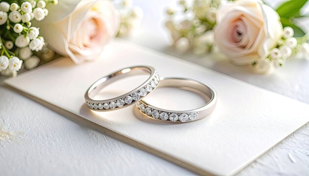 Two diamond wedding bands rest on an invitation with soft white roses