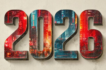 Bold 2026 Typography with Cyberpunk Cityscape Overlay Red Blue Neon Lights Urban Wall Art