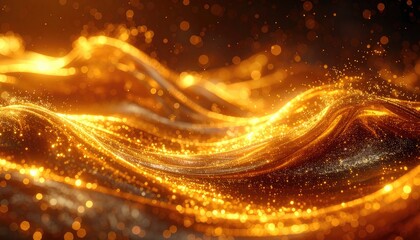 Shimmering golden particles form glowing, flowing waves in an abstract design