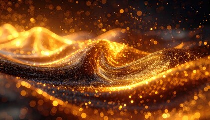 Luminous golden glitter particles flow in mesmerizing, abstract waves
