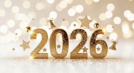 Golden numbers text number 2026 is displayed, surrounded by stars and bells. It celebrates happy new year. Festive, bright background