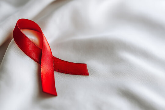 Ruban rouge symbole du sidaction et de la lutte contre le sida sur tissu blanc froiss&eacute;, lumi&egrave;re naturelle, fond clair avec espace n&eacute;gatif copyspace pour visuel li&eacute; &agrave; la Journ&eacute;e sida 1er d&eacute;cembre