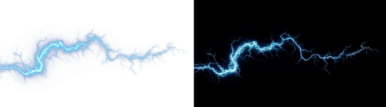 Blue lightning bolt discharge PNG. Electric strike effect.