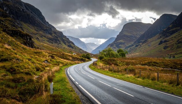 A wet road winds through a majestic mountain valley under dramatic, cloudy skies