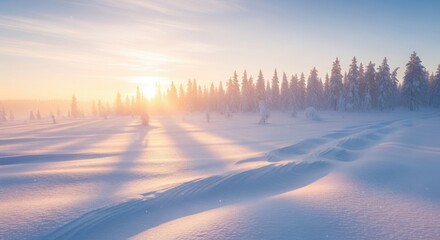 Sunrise Over Snowy Winter Landscape with Frosted Trees