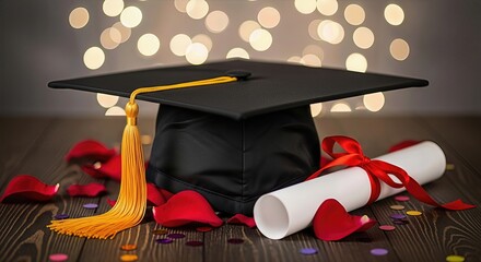 Black graduation cap, yellow tassel, degree scroll, red ribbon, scattered rose petals, colorful confetti, wooden surface, warm bokeh lights, symbolizing academic achievement.