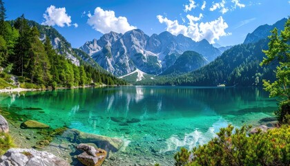 Serene alpine lake with crystal clear turquoise water and majestic mountains