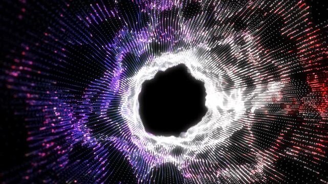 Abstract circular vortex made of glowing dots in white, pink, and purple tones