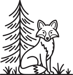 Black and white line art illustration of a fox sitting next to a pine tree in grass animal