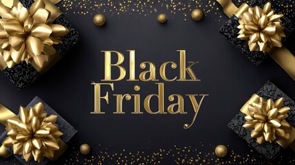 Black Friday Sale. Golden gifts with ribbons on dark background. Confetti and sparkling spheres. Festive shopping event.