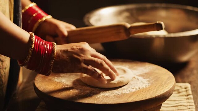 Woman preparing dough with traditional Indian bangles and kitchen tools