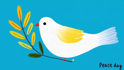 White bird is perched on a leafy branch. The image is titled "Peace Day" and is blue in color