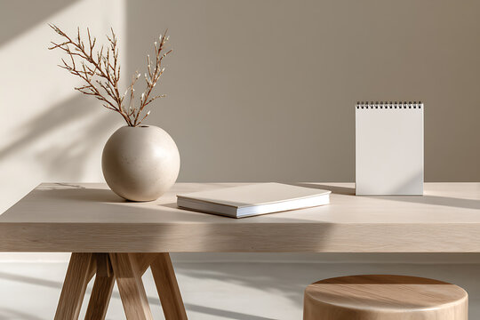 workspace decor, work surface with calendar and inspirational quote, in beige tones and natural light, exuding a fresh start vibe