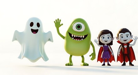 Obraz premium Halloween Cartoon Characters: Ghost, Monster and Vampire Family waving hands
