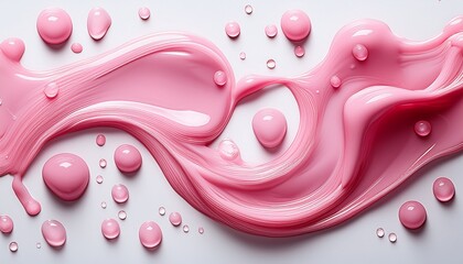 pink liquid droplets flatlay isolated on white background realistic detail