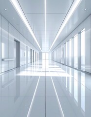 Obraz premium Futuristic, sterile white corridor with bright lights and reflective floors