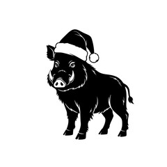 Fototapeta premium A festive illustration of a wild pig donning a Santa hat, embodying the spirit of celebration and cheer. A fun, whimsical artwork of the holiday season.