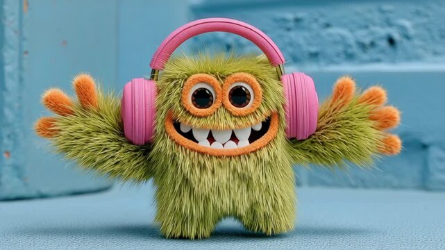 Green monster with pink headphones on its head. The monster is smiling and he is happy