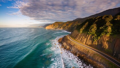 aerial view of striking coastal route sweeping between cliffs