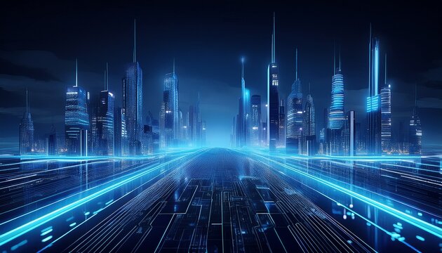 futuristic cityscape at night with blue lighting