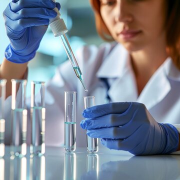 Naukowiec w laboratorium przeprowadza badania trzymając w ręku fiolkę do kt&oacute;rej dodaje przy pomocy pipety odczynnik lub inną substancję celem wywołania reakcji chemicznej