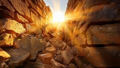 golden light streaming through a broken stone wall