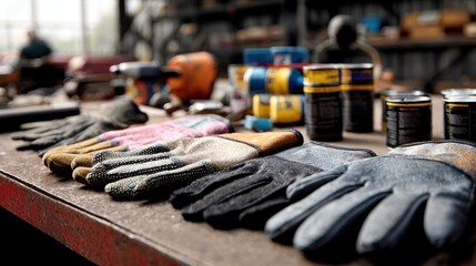 High resolution photo of heat-resistant gloves laid out on a workbench next to hot tools and materials with a background of an industrial workshop.