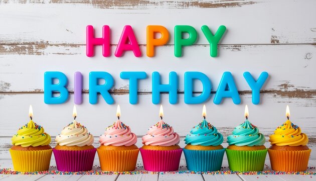 Birthday background with colorful cupcakes, candles, and happy birthday wishes
- Powered by Adobe
