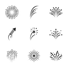 Icon set of fireworks and sparkles in black and white style