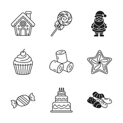 Christmas-themed icon set featuring festive elements in line art style