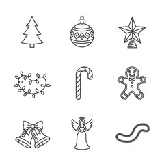 Christmas icon set featuring tree, ornaments, and gingerbread in line art style