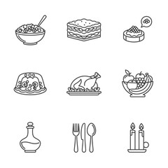 Icon set of various foods and dining elements in line art style