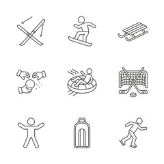 Winter sports icon set featuring skiing, snowboarding, and ice skating