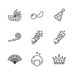 Icon set featuring party elements in line art style, black and white