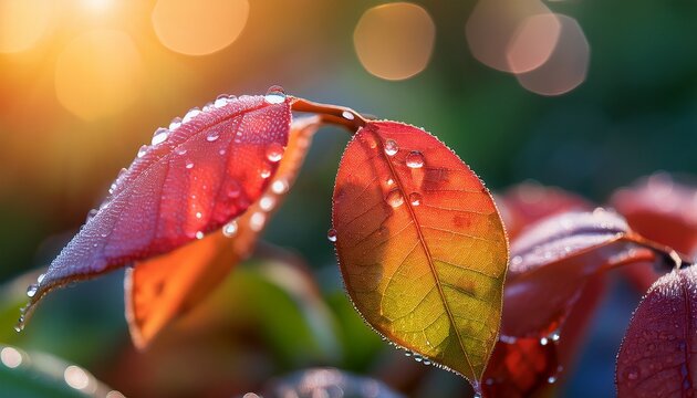 colorful leaves with fresh dew drops close up natural morning light