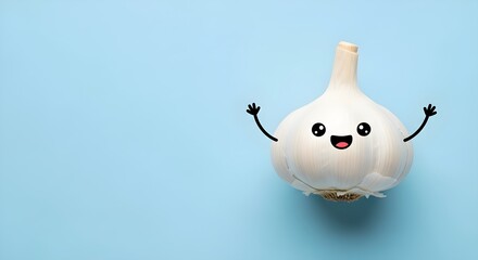 Happy garlic bulb with cartoon face and arms on a light blue background with copyspace creates a fun and playful food themed design for cooking blogs and healthy eating websites