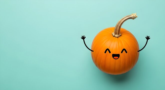 Cheerful pumpkin with a smiling face and stick arms on a light blue background with copyspace perfect for autumn harvest season and halloween themed designs and decorations