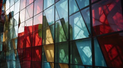 a vibrant multicolored geometric glass façade of a modern building reflecting sunlight with bold angular panels and rich architectural detail stained glass window in moscow