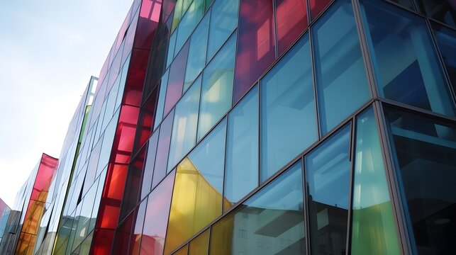 striking modern architecture showing a multihued geometric glass façade composed of colorful rectangular and triangular panels modern office building in moscow - Powered by Adobe