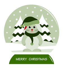 bunny with cap and scarf in snow ball isolated on white background