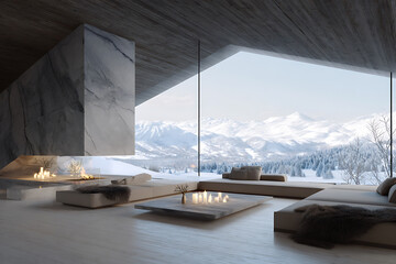 luxury mountain retreat, contemporary luxury chalet dcor fur throws, marble fireplace, snowy mountain vistas, candlelit ambiance, winter opulence