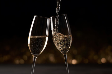 celebration photography, celebratory champagne glasses clinking in mid-air, captured in golden bokeh background, evoking cinematic celebration