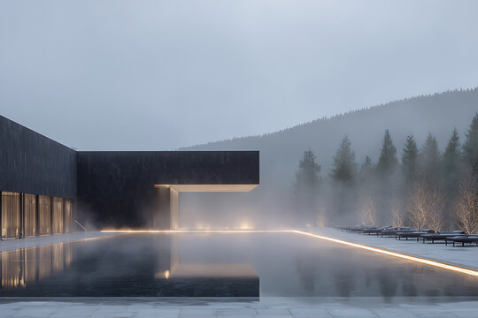 winter spa getaway, winter spa experience outdoor hot pool with steam, luxury aesthetics against minimalist architecture, cinematic lighting