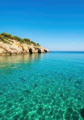 Fototapeta premium Stunning clear ocean panorama featuring brilliant turquoise water reflecting the deep summer blue sky above the idyllic rugged coastal cliffs, shoreline, landscape, vibrant